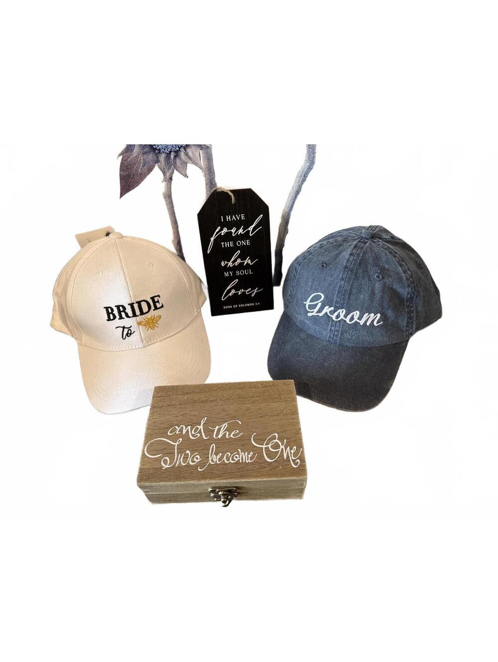 Wedding Set: Bride & Groom Caps with Ring Box and Wedding Sign